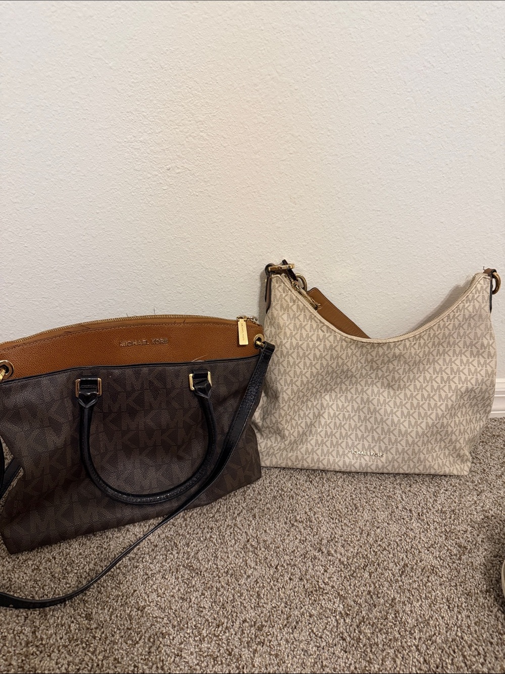 Michael Kors Brown and Cream MK Logo Shoulder Bags Duo